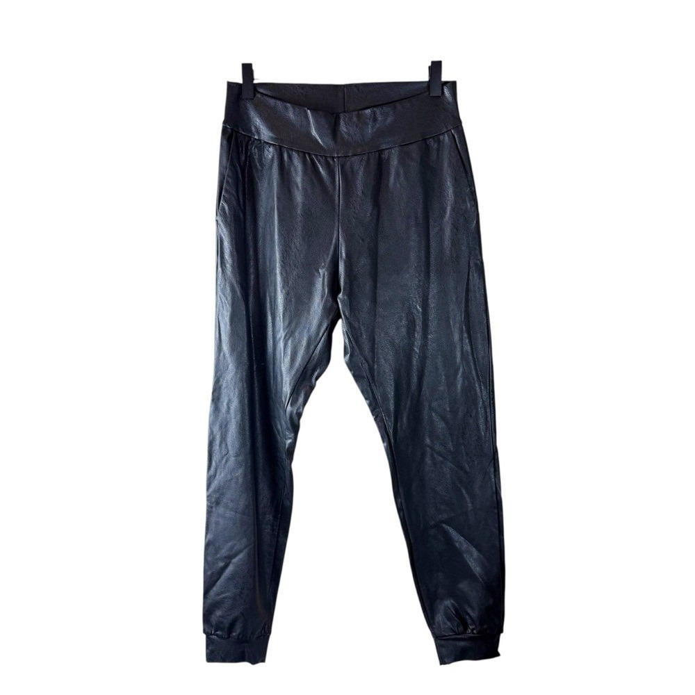 Commando Black Faux Leather Jogger Pants High Rise Tapered Ankle Cuffs Small‎